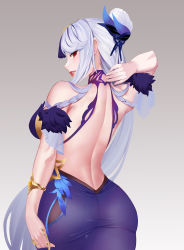 Rule 34 | 1girl, artist request, ass, back, back focus, bare shoulders, blush, breasts, dress, from behind, genshin impact, grey background, hair ornament, highres, large breasts, long hair, looking at viewer, looking back, ningguang (genshin impact), ningguang (orchid&#039;s evening gown) (genshin impact), official alternate costume, parted lips, red eyes, shiny clothes, shiny skin, sideboob, simple background, skin tight, smile, solo, very long hair