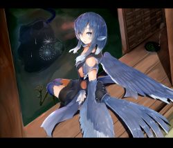 Rule 34 | 1girl, animal ears, animal feet, bare shoulders, bird ears, bird legs, bird tail, black choker, blue feathers, blue hair, blue wings, choker, commentary request, feathered wings, feathers, fireworks, grey eyes, harpy, highres, letterboxed, looking at viewer, looking back, medium hair, miura (rnd.jpg), monster girl, mosquito coil, open mouth, original, reflection, rnd.jpg (artist), sitting, smoke, solo, tail, talons, winged arms, wings