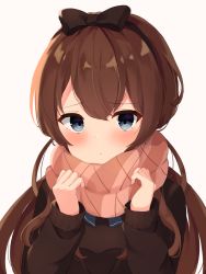 Rule 34 | 1girl, absurdres, black bow, black hairband, blue eyes, blush, bow, brown hair, brown scarf, brown sweater, closed mouth, commentary request, hair bow, hairband, hands up, highres, long hair, looking at viewer, mizu (lzzrwi603), original, scarf, simple background, solo, sweater, upper body, white background