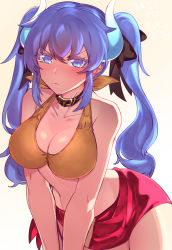 Rule 34 | 1girl, alternate color, alternate hairstyle, bikini, black bow, blue eyes, blue hair, blue horns, bow, breasts, brown collar, closed mouth, collar, dola (nijisanji), dragon girl, dragon horns, frown, hair bow, halterneck, hati105, highres, horns, large breasts, long hair, looking at viewer, nijisanji, red sarong, sarong, simple background, solo, swimsuit, tearing up, twintails, v-shaped eyebrows, v arms, very long hair, virtual youtuber, white background, yellow bikini