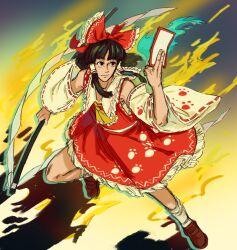 Rule 34 | 1girl, black hair, brown eyes, dress, gohei, hair tubes, hakurei reimu, highres, holding, holding gohei, japanese clothes, light smile, miko, necktie, ofuda, paw print, red dress, solo, speargsun, touhou, unfinished dream of all living ghost, yellow necktie