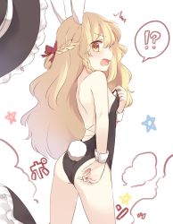 Rule 34 | !?, 1girl, animal ears, ass, back, bare shoulders, blonde hair, blush, braid, breasts, rabbit ears, rabbit tail, d:, fang, french braid, from behind, hat, highres, kirisame marisa, long hair, looking at viewer, looking back, open mouth, playboy bunny, side braid, single braid, small breasts, solo, star (symbol), ^^^, surprised, tail, thighs, touhou, transformation, v-shaped eyebrows, very long hair, wavy hair, yellow eyes, yururi nano