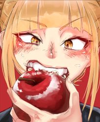 Rule 34 | 10s, 1girl, apple, blonde hair, blunt bangs, boku no hero academia, double bun, eating, fangs, food, fruit, hair bun, holding, holding food, holding fruit, kidmukuro, messy hair, red background, simple background, solo, toga himiko, yellow eyes