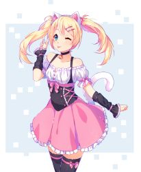 Rule 34 | 1girl, ;p, animal ears, bell, black thighhighs, blonde hair, blue eyes, border, bow, buttons, cat ears, cat tail, choker, collarbone, corset, detached sleeves, grey background, hair ornament, hairclip, highres, hyanna-natsu, jingle bell, looking at viewer, off shoulder, one eye closed, original, pink bow, pink skirt, puffy short sleeves, puffy sleeves, short sleeves, simple background, skirt, smile, solo, standing, tail, thighhighs, tongue, tongue out, twintails, v, white border, zettai ryouiki