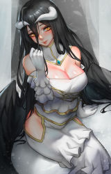 Rule 34 | 1girl, absurdres, albedo (overlord), arm support, bare shoulders, black hair, black wings, blush, breasts, cleavage, dress, feathered wings, hair between eyes, highres, horns, large breasts, long hair, maoer (sam51417), overlord (maruyama), red lips, shiny skin, sitting, slit pupils, solo, white dress, wings, yellow eyes