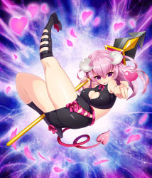 Rule 34 | 1girl, :p, boots, breasts, copyright request, demon girl, demon tail, heart, horns, large breasts, long hair, meesuke, midriff, official art, pink hair, polearm, purple eyes, solo, spear, tail, tongue, tongue out, weapon