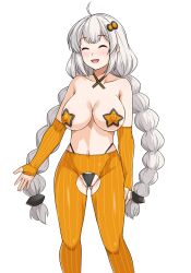 Rule 34 | 1girl, :d, braid, breasts, closed eyes, collarbone, commentary request, cowboy shot, elbow gloves, fingerless gloves, gloves, haruhisky, highres, kizuna akari, large breasts, open mouth, orange gloves, orange pantyhose, pantyhose, simple background, smile, solo, standing, twin braids, voiceroid, white background, white hair
