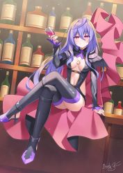 Rule 34 | 1girl, artist name, binato lulu, black footwear, black leotard, boots, breasts, cape, cape hold, commission, cosplay, garter belt, hair between eyes, highres, holding, holding wand, iris heart, jewelry, leotard, long hair, looking at viewer, macross, macross frontier, macross frontier: itsuwari no utahime, medium breasts, necklace, neptune (series), power symbol, power symbol-shaped pupils, purple hair, purple thighhighs, red eyes, sheryl nome, sheryl nome (cosplay), simple background, solo, symbol-shaped pupils, thigh boots, thighhighs, tongue, tongue out, wand, white background