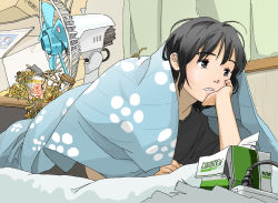 Rule 34 | akai sashimi, androgynous, black eyes, black hair, box, cardboard box, chopsticks, electric fan, food, gender request, head rest, hourglass, indoors, lying, messy room, nissin cup noodle, noodles, on bed, on stomach, original, short hair, solo, tissue, tissue box, under covers