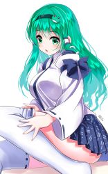 Rule 34 | 1girl, artist name, blue bow, blue ribbon, blue skirt, blush, bow, breasts, dated, detached sleeves, frog hair ornament, from side, green eyes, green hair, hair ornament, hair tubes, hairband, highres, kochiya sanae, large breasts, long hair, long sleeves, open mouth, ribbon, ribbon-trimmed legwear, ribbon-trimmed sleeves, ribbon trim, sidelocks, sitting, skirt, snake hair ornament, solo, thighhighs, touhou, white background, white thighhighs, wide sleeves, yamaguchi yuu
