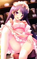 Rule 34 | 1girl, :d, absurdres, apron, blush, cafe sourire, clothes lift, gayarou, highres, long hair, looking at viewer, mole, mole under eye, multicolored eyes, open mouth, panties, pink panties, purple hair, sitting, skirt, skirt lift, smile, solo, thighhighs, underwear, upskirt, white thighhighs, yukishita miyuri