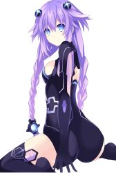 Rule 34 | 1girl, absurdres, ass, blue eyes, braid, breasts, female focus, hair ornament, highres, long hair, looking at viewer, looking back, medium breasts, neptune (neptunia), neptune (series), power symbol, power symbol-shaped pupils, purple hair, purple heart (neptunia), ramu-on@ shinon, sitting, smile, solo, symbol-shaped pupils, transparent background, twin braids, twintails