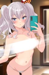 Rule 34 | 1girl, absurdres, arched back, blue eyes, blurry, blurry background, blush, cellphone, collarbone, commentary request, contrapposto, gluteal fold, grey hair, hair between eyes, hair ribbon, hand up, highres, holding, holding phone, indoors, kantai collection, kashima (kancolle), light censor, long hair, looking at mirror, mirror, navel, nitamako (sakamalh), open mouth, panties, phone, ribbon, selfie, smartphone, solo, string panties, topless, twintails, underwear, wavy hair, white panties