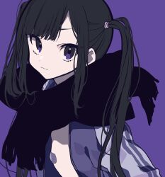 1girl bandaid bandaids_on_nipples black_hair breasts highres jacket mochizuki_kei open_clothes open_jacket original pasties purple_eyes scarf sidelocks simple_background small_breasts solo twintails