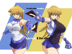 Rule 34 | 1girl, absurdres, arashi asuka, bare shoulders, blonde hair, blue skirt, card, character name, closed mouth, commentary request, covered erect nipples, cropped jacket, duel academy uniform (yu-gi-oh! gx), fingernails, gloves, highres, holding, jacket, lips, long hair, looking at viewer, miniskirt, open clothes, open mouth, shiny skin, simple background, skirt, sleeveless, tenjouin asuka, thighs, yellow eyes, yu-gi-oh!, yu-gi-oh! arc-v, yu-gi-oh! gx