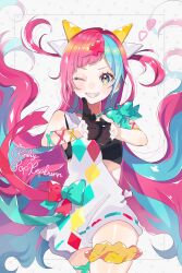 Rule 34 | 1girl, black gloves, black sports bra, blue hair, blush, character name, commentary request, dress, gloves, grin, hair ornament, half gloves, heart, highres, hutaba haru, long hair, looking at viewer, multicolored hair, one eye closed, pink hair, pinky pop hepburn, pointing, pointing at viewer, smile, solo, sports bra, teeth, the moon studio, thigh scrunchie, two-tone hair, two side up, very long hair, virtual youtuber, white dress, x hair ornament