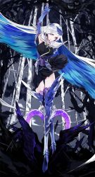 Rule 34 | arm up, armor, bird, black dress, blue footwear, blue hair, boots, breasts, brynhildr (fate), crow, crown, dress, fate/grand order, fate (series), forest, gauntlets, greaves, grey hair, highres, holding, holding polearm, holding spear, holding weapon, lance, large breasts, long hair, looking at viewer, mo (mocopo), multicolored hair, nature, parted lips, pink eyes, polearm, solo, spear, standing, two-tone hair, underbust, very long hair, walking, weapon