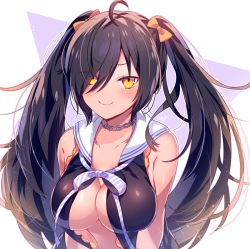 Rule 34 | 1girl, bare shoulders, black hair, blush, breasts, cleavage, closed mouth, collarbone, commentary request, hair ornament, large breasts, long hair, looking at viewer, moe on drop, original, smile, smirk, smug, solo, twintails, upper body, yellow eyes
