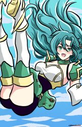 Rule 34 | 1girl, :d, aqua hair, armor, blue sky, blush, boots, breastplate, breasts, chloe (fire emblem), cloud, commentary, day, elbow gloves, fire emblem, fire emblem engage, gloves, green eyes, hair between eyes, highres, johncaden, large breasts, legs up, long hair, looking at viewer, nintendo, open mouth, sky, smile, solo, strapless, thighhighs, very long hair, white footwear, white gloves, white thighhighs