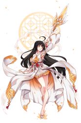 Rule 34 | 1girl, absurdres, ahoge, apsara (elsword), ara haan, bare legs, black hair, closed mouth, detached sleeves, dress, elsword, full body, highres, holding, holding polearm, holding spear, holding weapon, layered dress, long hair, looking at viewer, nomae.jie, orange eyes, polearm, sash, shoes, smile, solo, spear, standing, standing on one leg, weapon, white dress, white footwear