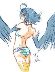 Rule 34 | 10s, 1girl, ahoge, bikini, blue hair, blue wings, cowboy shot, feathered wings, from behind, harpy, highres, marshu, monster girl, monster musume no iru nichijou, papi (monster musume), signature, simple background, sketch, solo, striped bikini, striped clothes, swimsuit, white background, wings, yellow eyes