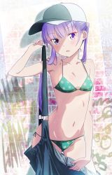 Rule 34 | 1girl, bare shoulders, bikini, blush, breasts, collarbone, copyright name, cowboy shot, gluteal fold, hat, highres, light purple hair, long hair, looking at viewer, makicha (sasurainopink), navel, new game!, open mouth, overalls, purple eyes, side-tie bikini bottom, small breasts, solo, suzukaze aoba, sweat, sweatdrop, swimsuit, thigh gap, twintails, undressing