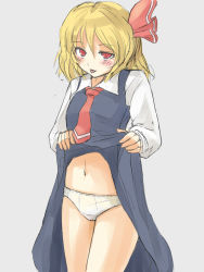 Rule 34 | 1girl, :p, blonde hair, blush, clothes lift, dress, dress lift, embodiment of scarlet devil, female focus, hair ribbon, navel, necktie, panties, red eyes, red necktie, ribbon, rumia, short hair, skirt, skirt lift, solo, tongue, tongue out, touhou, underwear, upskirt, white panties