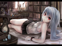 Rule 34 | 1girl, :o, akaitera, albino, arm support, bad id, bad pixiv id, bare shoulders, barefoot, book, bookshelf, female focus, flat chest, indoors, lantern, letterboxed, long hair, looking at viewer, looking back, lying, on back, open mouth, original, pleated skirt, recel tinker, red eyes, room, see-through, silver hair, skirt, solo, tank top