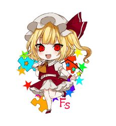Rule 34 | 1girl, :d, ascot, bad id, bad twitter id, blonde hair, blush, chibi, commentary request, crystal, daimaou ruaeru, fang, flandre scarlet, full body, hand up, hat, hat ribbon, leg up, looking at viewer, mary janes, mob cap, one side up, open mouth, petticoat, puffy short sleeves, puffy sleeves, puzzle piece, red eyes, red footwear, red ribbon, red skirt, red vest, ribbon, shoes, short hair, short sleeves, simple background, skirt, skirt set, smile, socks, solo, standing, standing on one leg, star (symbol), touhou, vest, white background, white hat, white socks, wings, wrist cuffs, yellow ascot