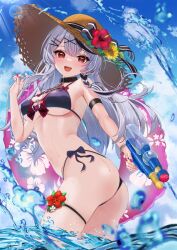 1girl ass bikini black_bikini black_hair blue_sky braid breasts brown_hat cleavage cloud commentary_request day flower grey_hair hair_ornament halterneck hat hat_flower holding holding_water_gun hololive inari_(ambercrown) long_hair looking_at_viewer medium_breasts multicolored_hair open_mouth outdoors partially_submerged red_eyes red_flower revision sakamata_chloe side-tie_bikini_bottom single_braid sky solo straw_hat string_bikini summer sun_hat swimsuit thigh_strap two-tone_hair virtual_youtuber water_gun wet x_hair_ornament yellow_flower