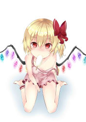 Rule 34 | 1girl, absurdres, alternate costume, ankle cuffs, asymmetrical hair, asymmetrical wings, bare legs, bare shoulders, barefoot, blonde hair, breasts, dress, flandre scarlet, food, from above, gradient background, hair between eyes, hair ribbon, highres, ice cream, jewelry, looking at viewer, red eyes, ribbon, shisu, shisuo, short dress, short hair, side ponytail, sitting, small breasts, solo, strap slip, touhou, wings
