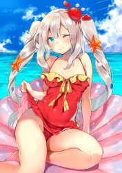 Rule 34 | 1girl, ;), animal, animal on head, arm support, bare arms, bare legs, bare shoulders, barefoot, blue eyes, blue sky, blush, breasts, breasts apart, casual one-piece swimsuit, closed mouth, clothes lift, cloud, collarbone, commentary request, crab, day, fate/grand order, fate (series), frilled swimsuit, frills, grey hair, groin, head tilt, heart, heart in eye, horizon, kibii mocha, lifted by self, long hair, marie antoinette (fate), marie antoinette (fate/grand order), marie antoinette (swimsuit caster) (fate), marie antoinette (swimsuit caster) (first ascension) (fate), medium breasts, ocean, on head, one-piece swimsuit, one eye closed, outdoors, red one-piece swimsuit, seashell, shell, shell hair ornament, sidelocks, sitting, sky, smile, solo, starfish, starfish hair ornament, swimsuit, swimsuit skirt, symbol in eye, twintails, very long hair, water, yokozuwari