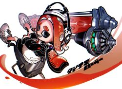 Rule 34 | 1girl, black eyes, commentary request, dynamo roller (splatoon), full body, headphones, holding, holding weapon, ink tank (splatoon), inkling (language), looking back, medium hair, nintendo, octoling, octoling girl, octoling player character, open mouth, red hair, shoes, simple background, sitting, smile, solo, splatoon (series), splatoon 3, teeth, tentacle hair, thick eyebrows, w0 tarou, weapon, white background, white footwear