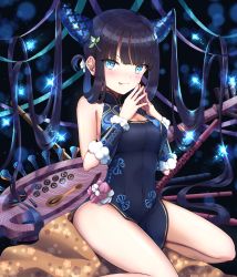 Rule 34 | 1girl, bare shoulders, black dress, blue eyes, blunt bangs, blush, breasts, china dress, chinese clothes, cleavage, detached sleeves, dress, fate/grand order, fate (series), flute, hair ornament, highres, instrument, kuraha1601, large breasts, leaf hair ornament, long hair, looking at viewer, pipa (instrument), purple hair, side slit, sidelocks, sitting, smile, thighs, tongue, tongue out, twintails, very long hair, wariza, yang guifei (fate), yang guifei (second ascension) (fate)