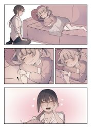 Rule 34 | !, 2girls, :d, ^ ^, ankle socks, black pants, black socks, blanket, blunt bangs, blush, brown dress, brown eyes, brown hair, closed eyes, closed mouth, collared shirt, comic, commentary request, couch, dress, hair between eyes, hair rings, heart, heart-shaped pillow, highres, holding finger, long hair, low ponytail, multiple girls, no shoes, nose blush, on couch, open mouth, original, pants, pillow, polka dot, ponytail, shirt, silent comic, sitting, sleeping, smile, socks, thighhighs, tsuruse, twintails, wariza, white background, white shirt, white thighhighs, zzz