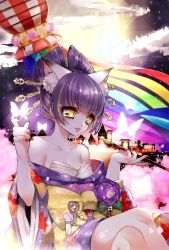 Rule 34 | 1girl, animal ear fluff, animal ears, bad id, bad pixiv id, breasts, bug, butterfly, cleavage, cloud, copyright request, crossed legs, darudayu (show by rock!!), fingernails, hair ornament, hairpin, hand up, holding, insect, japanese clothes, kimono, mamaloni, nail polish, obi, off shoulder, purple hair, purple kimono, rainbow, red nails, sash, show by rock!!, sitting, smile, smoking pipe, solo, yellow eyes