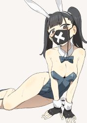 Rule 34 | 1girl, animal ears, black gloves, black hair, blue archive, blue bow, blue bowtie, blue leotard, blush, bow, bowtie, breasts, cleavage, detached collar, fake animal ears, fingerless gloves, gloves, highres, large breasts, leotard, long hair, looking at viewer, mask, mouth mask, osame, playboy bunny, rabbit ears, simple background, solo, sukeban (smg) (blue archive), twintails, wrist cuffs