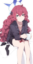 Rule 34 | 1girl, ?, black shirt, black shorts, blue archive, blue halo, breasts, closed mouth, cup, feet out of frame, grey eyes, hair between eyes, halo, highres, holding, holding cup, iroha (blue archive), long hair, long sleeves, looking ahead, makkurourufu, red hair, shirt, shorts, simple background, small breasts, solo, white background