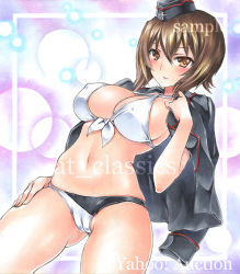 Rule 34 | 10s, 1girl, artist name, at classics, blush, breasts, cameltoe, cleft of venus, closed mouth, covered navel, cowboy shot, front-tie top, garrison cap, girls und panzer, gluteal fold, hair between eyes, hand on own thigh, hat, jacket, jacket on shoulders, large breasts, looking at viewer, navel, nishizumi maho, sample watermark, short hair, solo, stomach, traditional media, watermark