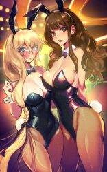 Rule 34 | 2girls, aesc (fate), aesc (rain witch) (fate), animal ears, bare shoulders, black leotard, blonde hair, blue eyes, braid, breasts, brown eyes, brown hair, cleavage, covered navel, detached collar, dynamitenatalia, fake animal ears, fate/extra, fate/grand order, fate (series), glasses, highleg, highleg leotard, highres, kishinami hakuno (female), large breasts, leotard, long hair, looking at viewer, multiple girls, open mouth, pantyhose, playboy bunny, rabbit ears, rabbit tail, round eyewear, side ponytail, sidelocks, smile, tail, thighs, wrist cuffs