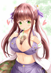 Rule 34 | 1girl, blush, breasts, brown hair, bubble tea, bubble tea challenge, camouflage, camouflage jacket, cleavage, closed mouth, collarbone, commentary request, crop top, cup, disposable cup, drinking straw, gochuumon wa usagi desu ka?, green eyes, hair between eyes, hair ribbon, hands on own chest, hands up, highres, jacket, large breasts, long hair, long sleeves, navel, open clothes, open jacket, purple ribbon, purple shorts, ribbon, shorts, smile, solo, twintails, ujimatsu chiya, very long hair, white jacket, xenon (for achieve)