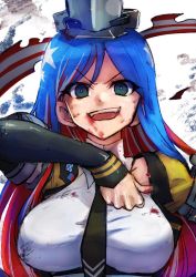 Rule 34 | 1girl, black necktie, blood, blue eyes, blue hair, breasts, commentary request, headgear, kantai collection, large breasts, long hair, looking at viewer, multicolored hair, necktie, open mouth, red hair, smile, solo, south dakota (kancolle), star (symbol), teeth, tsunemi aosa, upper body, upper teeth only, white hair