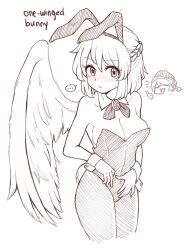 Rule 34 | ..., 2girls, animal ears, blush, braid, breasts, cleavage, closed mouth, collarbone, cowboy shot, cropped legs, detached collar, doremy sweet, english text, fake animal ears, fake tail, feathered wings, hair between eyes, kishin sagume, leotard, medium breasts, monochrome, multiple girls, pantyhose, rabbit ears, rabbit tail, short hair, simple background, single wing, spoken ellipsis, strapless, strapless leotard, tail, touhou, white background, wings, wool (miwol), wrist cuffs