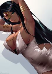 Rule 34 | 1girl, absurdres, armlet, armpits, arms behind head, arms up, bare shoulders, black hair, breasts, circlet, cleavage, covered navel, dark-skinned female, dark skin, dress, facial mark, fate/grand order, fate (series), forehead jewel, green eyes, highres, jewelry, large breasts, long hair, looking at viewer, necklace, parted bangs, queasy s, scheherazade (fate), white dress