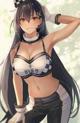 Rule 34 | :3, armpits, black hair, blurry, blurry background, breasts, brown eyes, cleavage, closed mouth, detached collar, english text, fingerless gloves, gloves, hair between eyes, hair ornament, hand on own head, hand on own knee, highres, kantai collection, kasumi (skchkko), large breasts, long hair, looking at viewer, nagato (kancolle), navel, race queen, simple background, sparkle, white gloves, x hair ornament