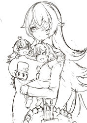 Rule 34 | 1boy, 2girls, absurdres, blush, breasts, brother and sister, cake, chevreuse (genshin impact), commentary, eyepatch, food, genshin impact, highres, large breasts, long hair, long sleeves, looking at viewer, monochrome, mother and daughter, mother and son, multiple girls, siblings, tian kazuki, upper body, very long hair