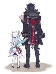 Rule 34 | 1boy, 1girl, 32 oogawa, arm up, black coat, black footwear, black gloves, black hair, black shorts, blue hair, boots, bow, chain, coat, coat on shoulders, commentary request, facing away, fingerless gloves, from behind, fur-trimmed coat, fur trim, genshin impact, gloves, hair ornament, hand up, hat, highres, holding, holding paper, long sleeves, low twintails, medium hair, melusine (genshin impact), nurse cap, pantyhose, paper, pom pom (clothes), pom pom hair ornament, red bow, shoes, short hair, short twintails, shorts, sigewinne (genshin impact), simple background, standing, sticker, tail, tile floor, tiles, twintails, vision (genshin impact), white background, white gloves, white headwear, white pantyhose, wriothesley (genshin impact)
