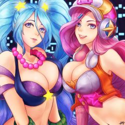 Rule 34 | 2girls, alternate costume, alternate hair color, arcade miss fortune, arcade sona, bad id, bad pixiv id, blue eyes, breast press, breasts, crop top, large breasts, league of legends, lips, lipstick, long hair, looking at viewer, makeup, midriff, multiple girls, parted lips, pink hair, miss fortune (league of legends), sona (league of legends), tasselcat, twintails, wavy hair