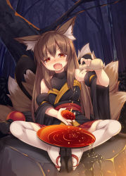 Rule 34 | 1girl, alcohol, animal ears, blush, brown eyes, brown hair, cover image, detached sleeves, drunk, fang, feet together, forest, fox ears, fox tail, full-face blush, highres, japanese clothes, knees apart feet together, long hair, looking at viewer, multiple tails, nature, night, open mouth, original, pleated skirt, pouring, roshin, sake, sandals, sitting, skirt, solo, tail, thighhighs, tokkuri, white background