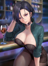 Rule 34 | 1girl, asymmetrical hair, bar (place), black hair, blush, breasts, chihunhentai, choker, cleavage, cup, drinking glass, fire emblem, fire emblem: three houses, green jacket, highres, jacket, large breasts, looking at viewer, nintendo, pantyhose, pantyhose under shorts, purple eyes, shamir nevrand, short hair, shorts, smile, solo, wine glass